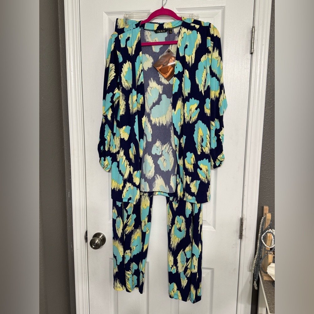 IMAN Blue and Yellow Pant Set with Long Sleeve Open style Cardigan LT